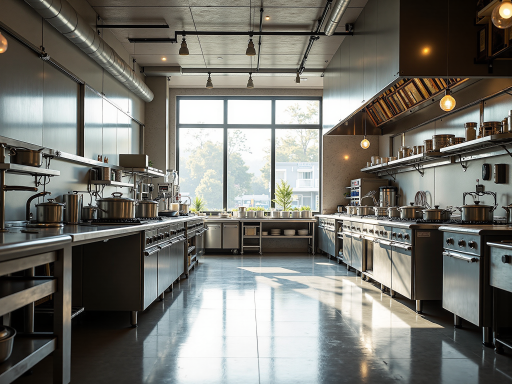 现代化餐厅内部环境，宽敞明亮的空间设计，配备专业厨房设备，温暖灯光营造舒适用餐氛围