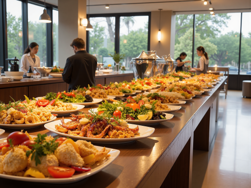 企业年会现场，现代化会议厅布置，专业音响设备，员工聚餐享受美食，营造温馨团队氛围