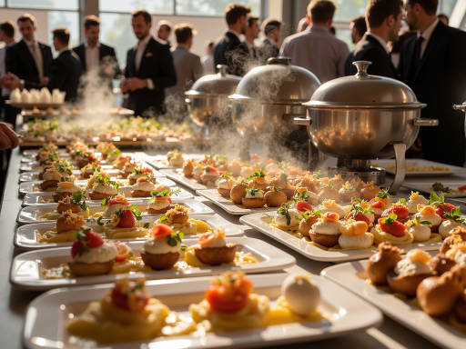 商务会议茶歇，精致点心摆盘，咖啡饮品配套，商务人士交流洽谈，体现专业服务品质