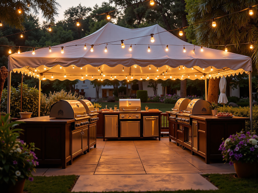 户外活动餐饮服务，帐篷搭建专业厨房，工作人员忙碌准备，户外用餐环境优美，体现灵活服务能力