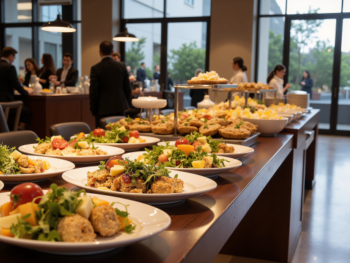 商务简餐组合，包含多种小食和饮品，整齐摆放体现专业服务标准，适合商务场合